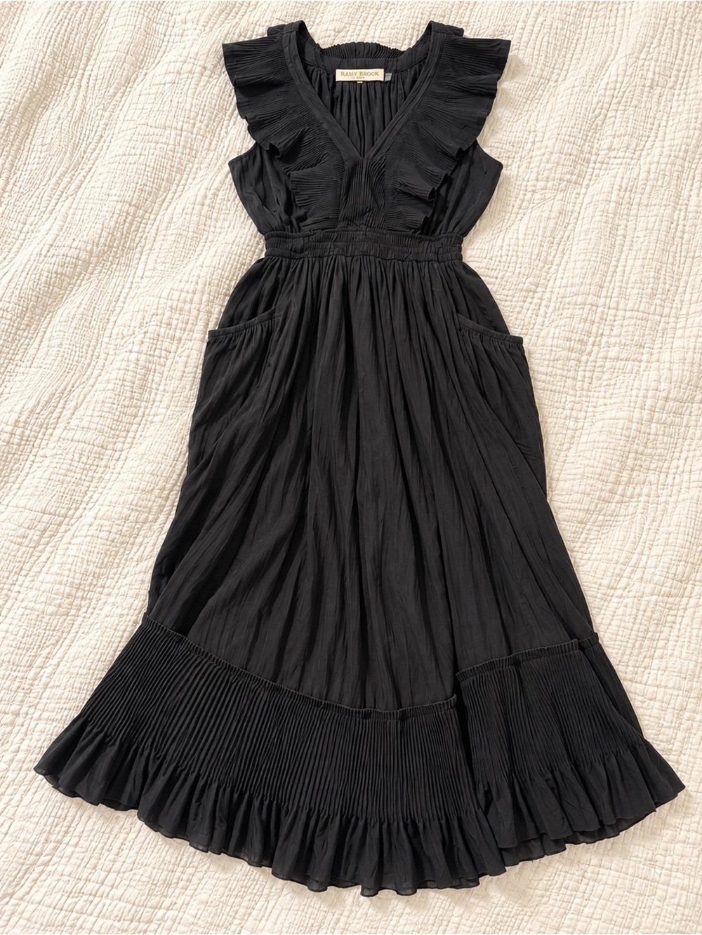 Ramy Brook Black Ruffled V-Neck Maxi with Pockets